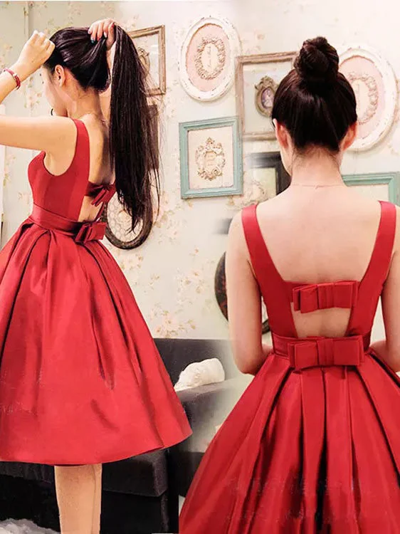 Glitter DressRed Bateau A-line Open Back Bowknot Homecoming Holiday Dress OP192