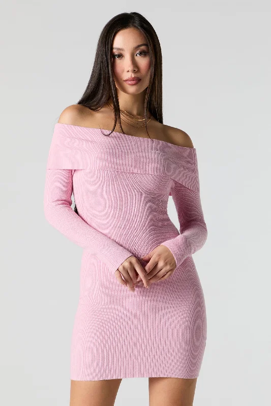 women's empire-line dressesRibbed Knit Off Shoulder Mini Sweater Dress