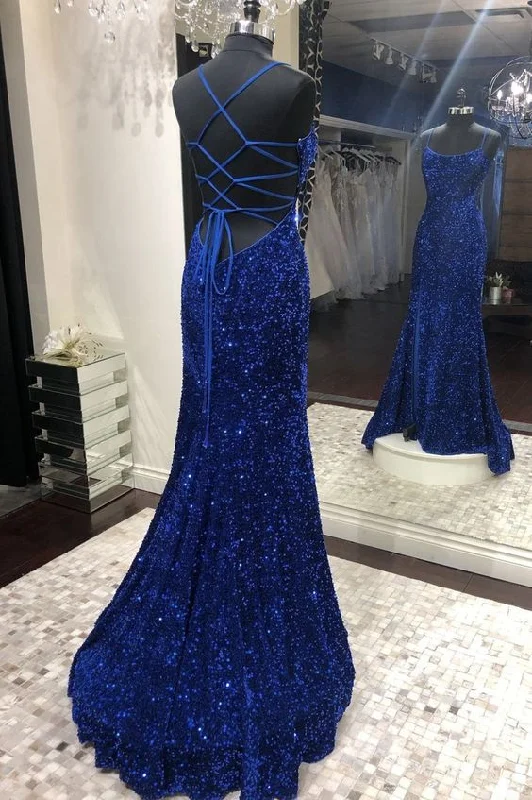 Bell-Sleeve DressMermaid Sequins Long Prom Dresses, Royal Blue Backless Evening Dresses Y1898