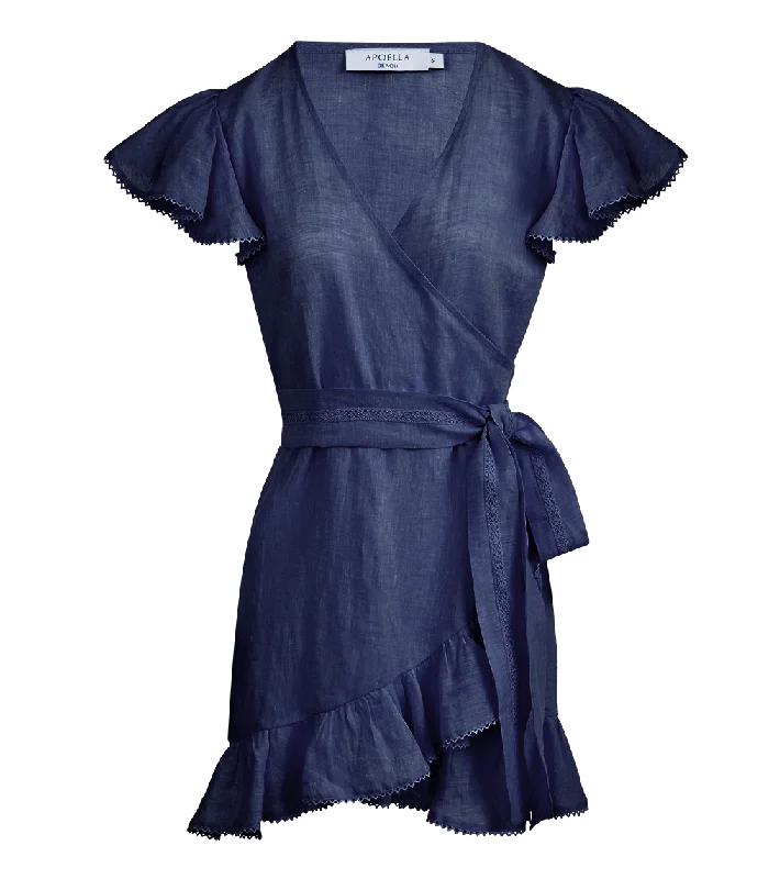 Button-Down DressAmalia Lace Linen Mini Wrap Dress Denim