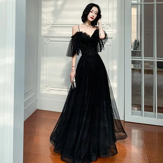 Silk DressBlack tulle lace long prom dress black evening dress Y1894