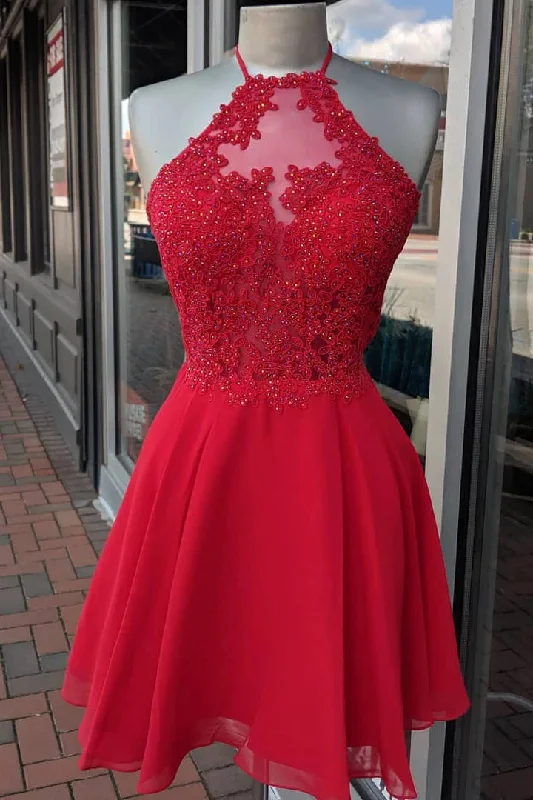 Bridesmaid DressRed Short Halter Chiffon Appliques Beading Homecoming Dress