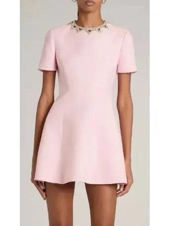 Tall Women DressRhinestone-Embellished Pink Wool and Silk Crepe Mini Cocktail Dress