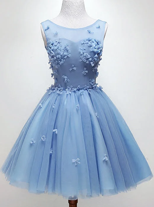 women's floral dressesHandmade Bow Light Blue Homecoming Dress, Tulle Graduation Dress OM9689