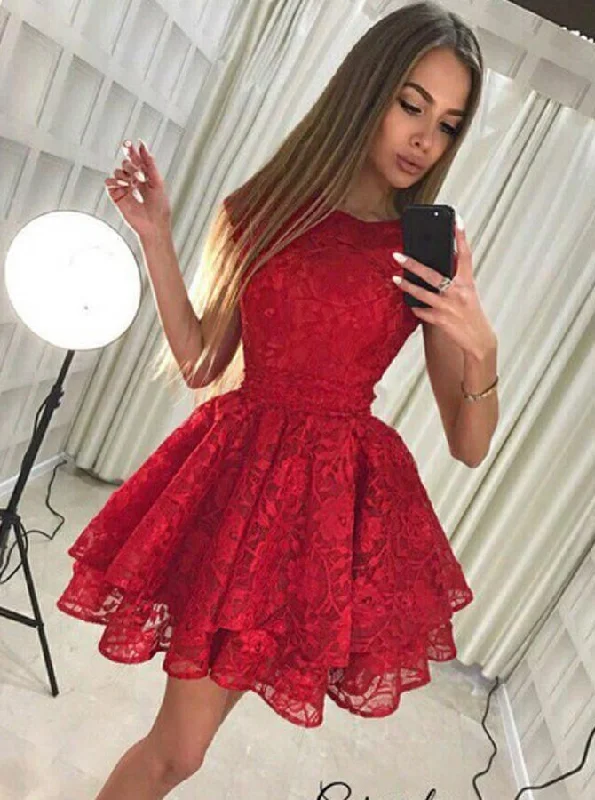 Velvet DressJewel Lace Pleat Red Homecoming Dress With Tiered Skirt OM177