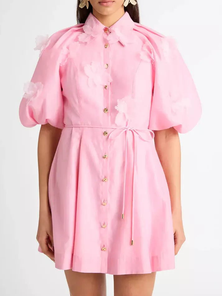 Flowy Dress3D-Petal Belted Mini Shirt Dress in Pink