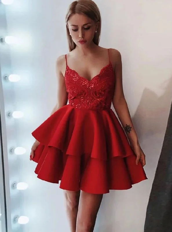 women's prom dressesSpaghetti Strap Lace Short Red Homecoming Dress With Satin Ruffled OM506