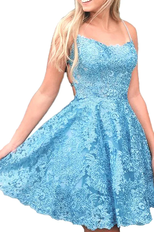 women's stretch dressesShort Blue Spaghetti-Straps Lace Homecoming Dress With Appliques