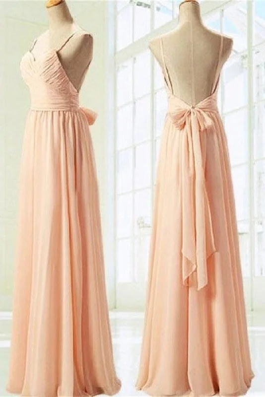 women's ball gown dressesSimple Spaghetti Straps Long Chiffon Backless Bridesmaid Dress with Bow K108