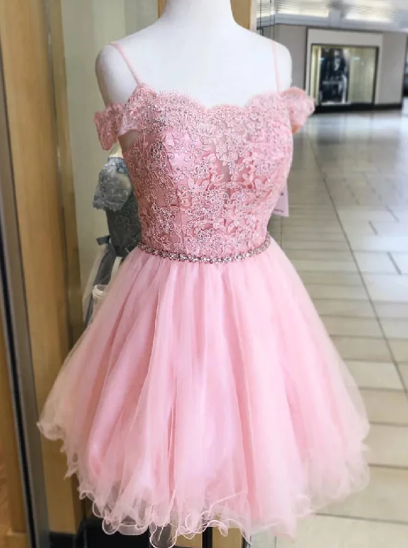 women's pastel dressesOff Shoulder Pink Homecoming Dress With Beading, Appliques Short Sweet 16 Dress OM466