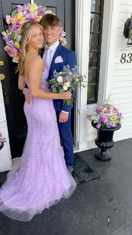 Scoop-Neck DressElegant Purple Lace Tulle Mermaid Prom Dress,Purple Graduation Dress Y5310