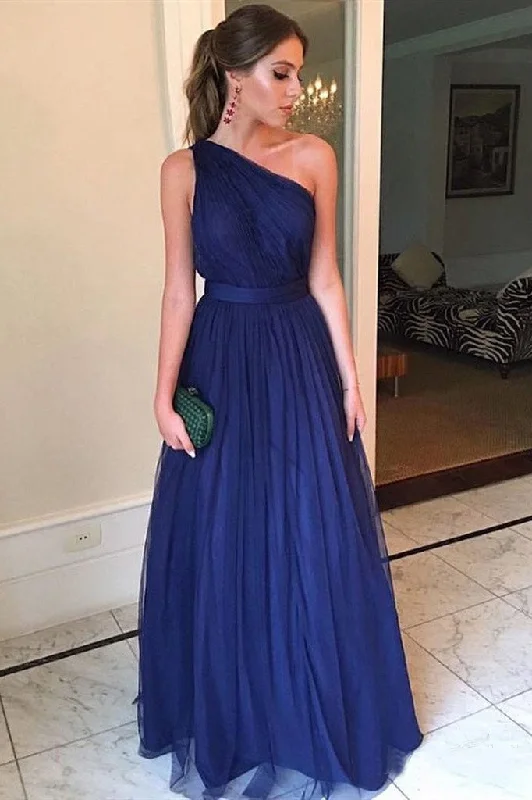 Minimalist DressRoyal Blue Tulle Long Prom Dress One Shoulder Simple Bridesmaid Dress OK8