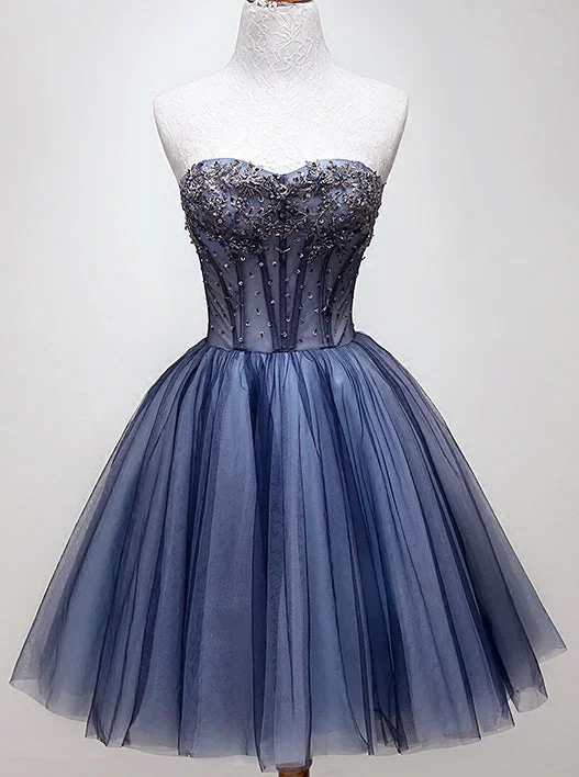 Floor-Length DressSweetheart Beading Blue Homecoming Dress, Tulle Short Graduation Dress OM469