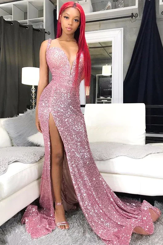 Party DressSequins Pink Prom Dresses | Mermaid Sexy Slit Formal Evening Dress Long Y1921