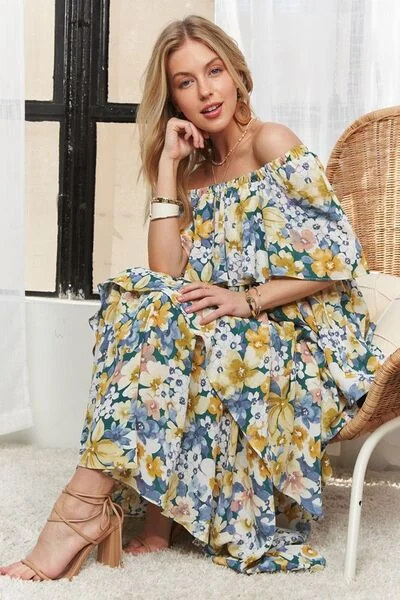 Cold-Shoulder DressADORA Layered Floral Off-Shoulder Short Sleeve Maxi Dress