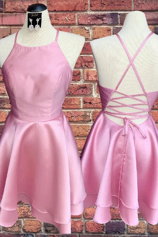 Beaded DressShort Pink Halter Sleeveless Satin Homecoming Dresses