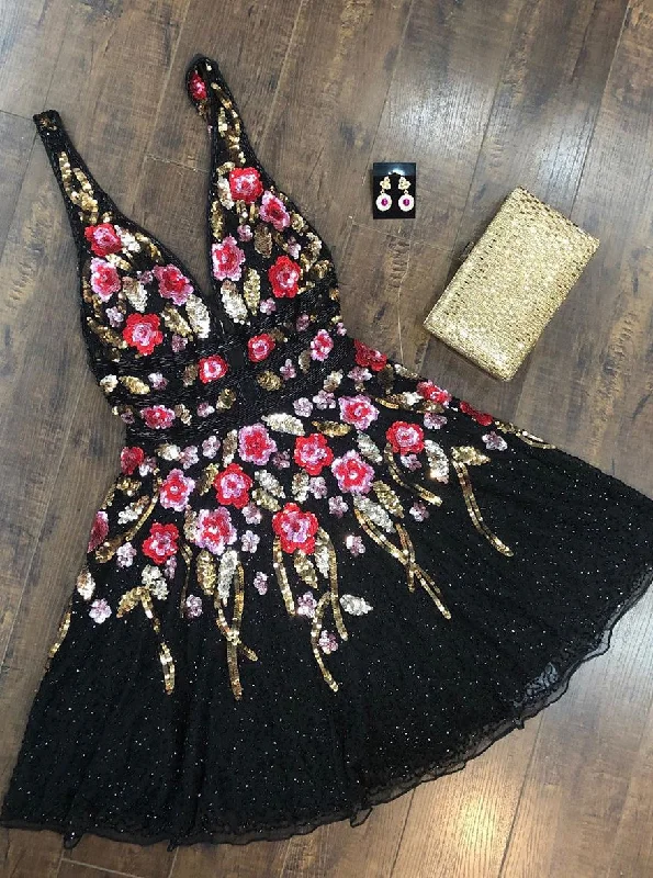 women's casual Friday dressesStunning A-line V-Neck Sequined Floral Black Homecoming Dress OM398