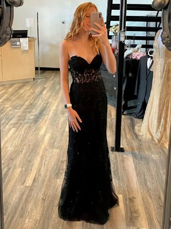 women's halter dressesMermaid Open Back Black Lace Long Prom Dresses, Strapless Black Formal Dresses, Black Lace Evening Dresses Y1794