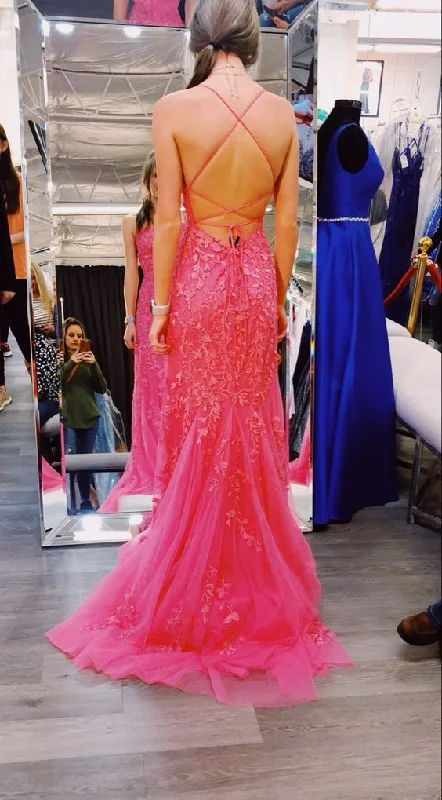 Satin DressMermaid Hot Pink Lace Long Prom Dresses, Hot Pink Mermaid Formal Dresses, Hot Pink Lace Evening Dress Y1888