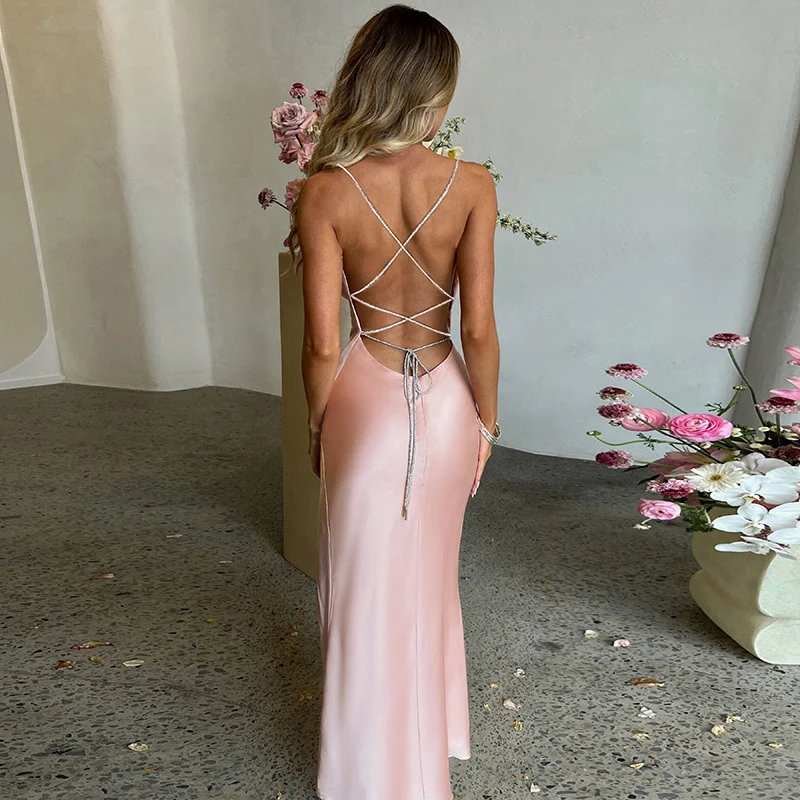 women's spaghetti strap dressesSexy Pink Mermaid Long Prom Dress,Backless Pink Evening Dress  Y1933