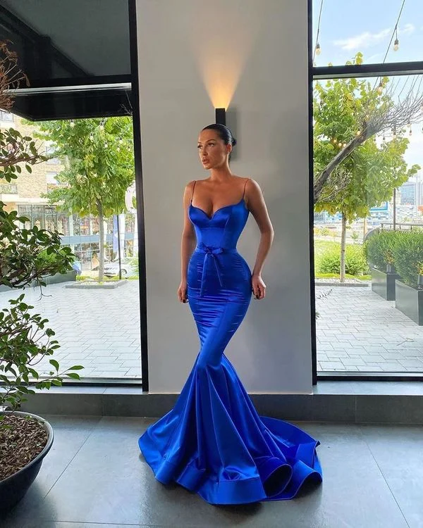 Satin DressRoyal Blue Long Prom Dresses,Mermaid Spaghetti Straps Evening Dresses Y1686