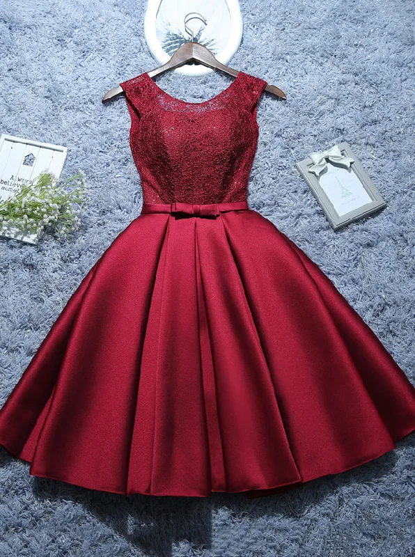 Pastel DressBurgundy Short Evening Dress Satin Lace A-line Short Homecoming Dress OM542