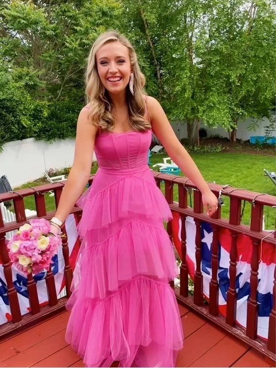 women's stretchy dressesHot Pink High Low Prom Dresses, Hot Pink High Low Formal Graduation Dresses Y5341