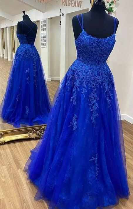 women's bridesmaid dressesBlue Tulle Lace A-line Scoop Spaghetti Straps Prom Dresses, Evening Dress Y1816