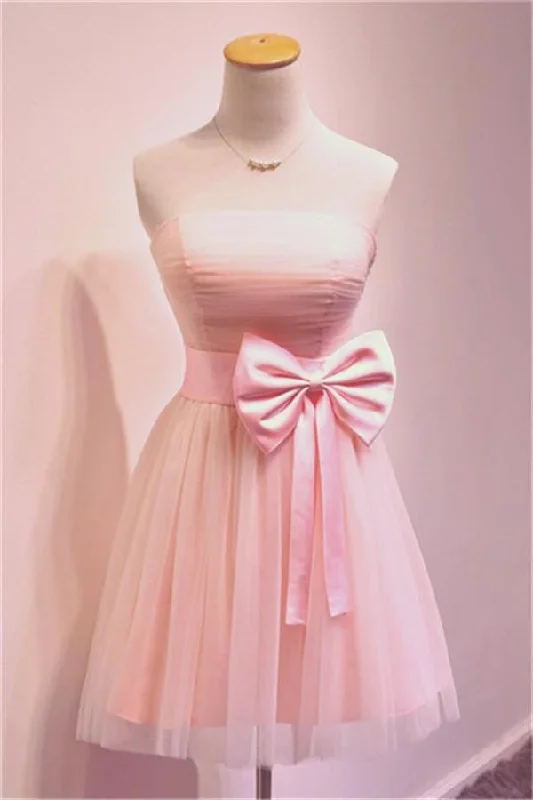 women's formal dressesGirly Simple Short Pink Cheap Strapless Homecoming Dress Bridesmaid Dress K484