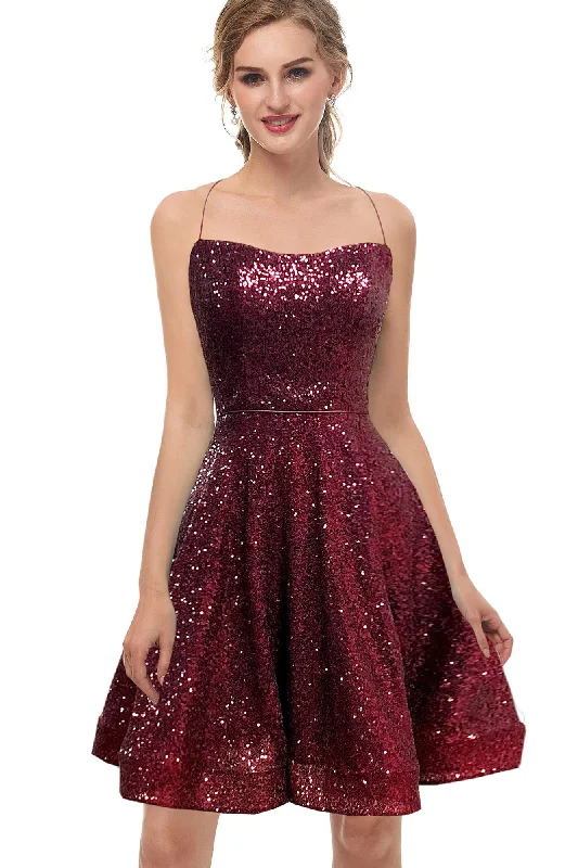 women's lace-up dressesCharming A-Line Burgundy Spaghetti-Straps Homecoming Dress With Sequins