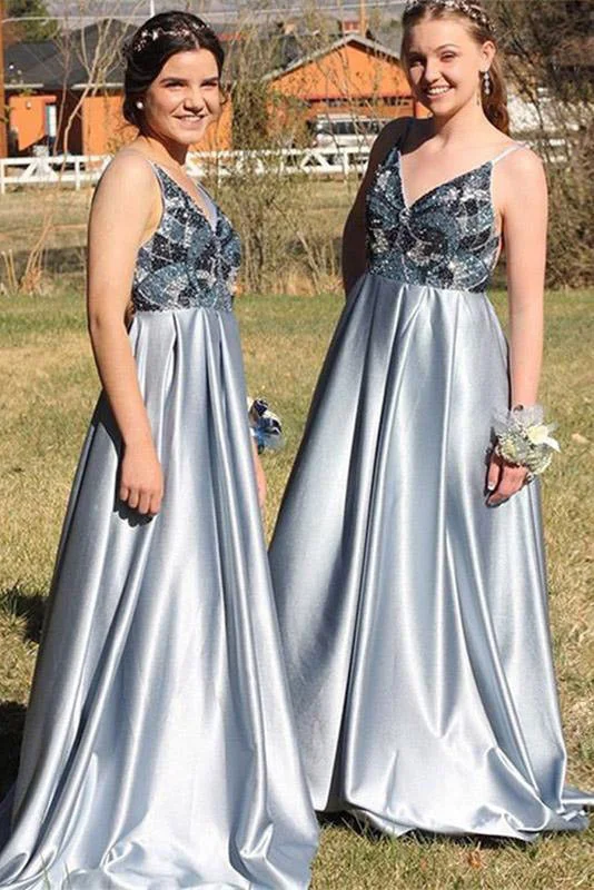 Casual Chic DressA-Line Spaghetti Straps Backless Blue Popular Prom Dresses with Beading,Bridesmaid Dresses OKH53