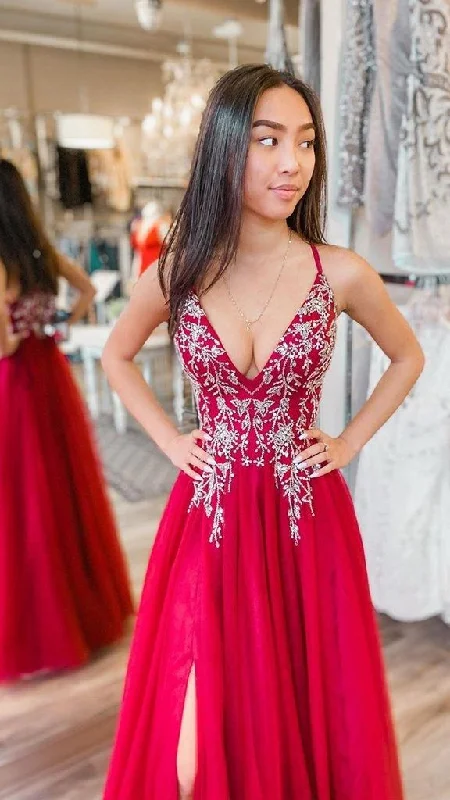 Zipper DressRed A-line Long Prom Dress With Split,Red Formal Dress  Y5336