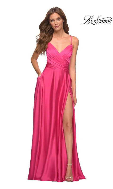 women's unique dressesLa Femme Backless Hot Pink Long Prom Dress