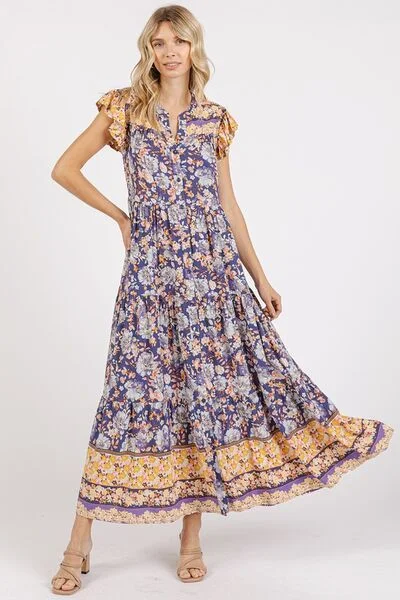 women's sustainable dressesMittoshop Floral Ruffled Notched Cap Sleeve Maxi Dress