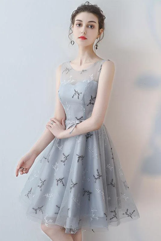 Cheetah Print DressUnique A-line Scoop Grey Mini Tulle Sleeveless Homecoming Dress OKA73