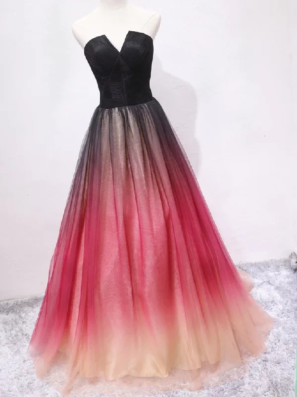 Vintage DressStrapless A Line V Neck Open Back Ombre Long Prom Dresses, Long Ombre Formal Graduation Evening Dresses Y1826