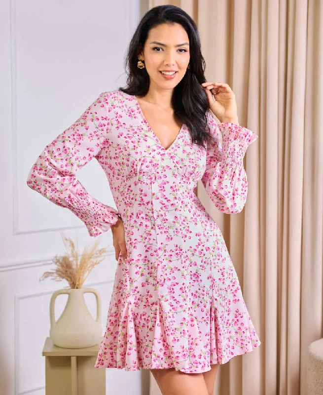 Evening DressPink Floral Long Sleeve Godet Mini Tea Dress