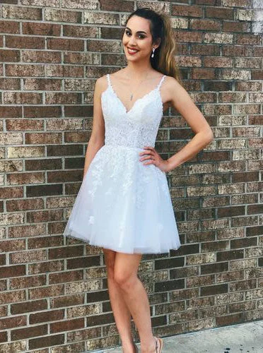 Denim DressElegant Straps Tulle Short Homecoming Dress with Lace OM556