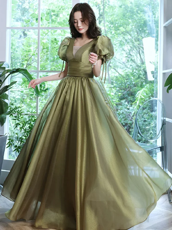 Floral DressSimple Green V Neck Tulle Long Prom Dress, Green Evening Dresses Y1872