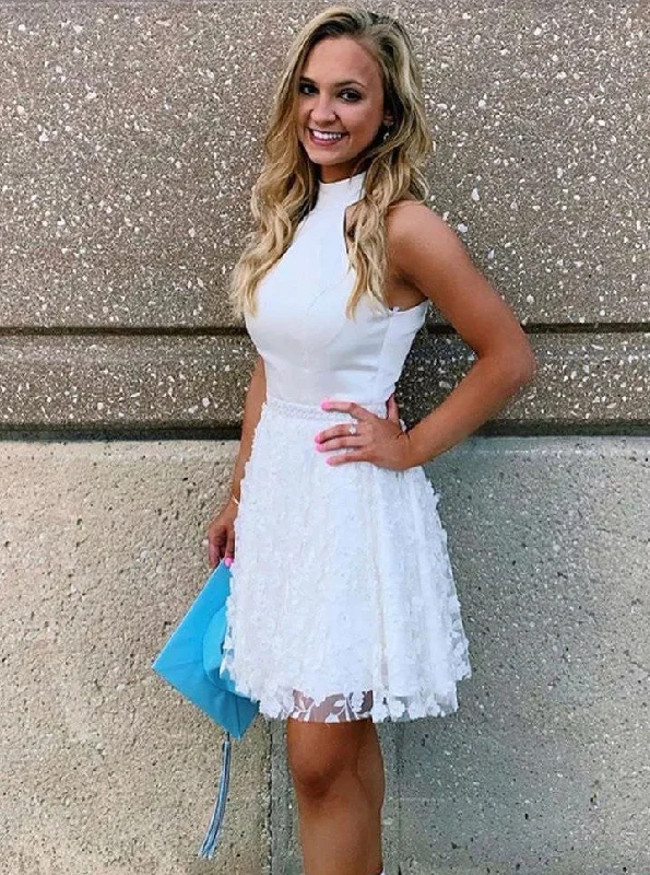 Solid Color DressA-line High Neck White Short Homecoming Dress With Beading Applique OM328