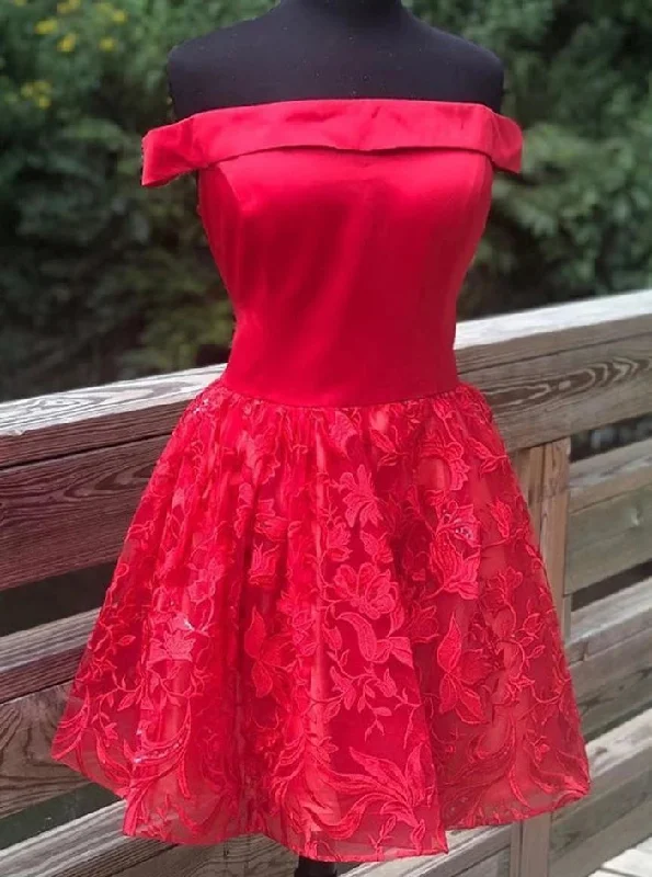 women's lace dressesA-line Off Shoulder Satin Red Homecoming Dress With Lace OM494