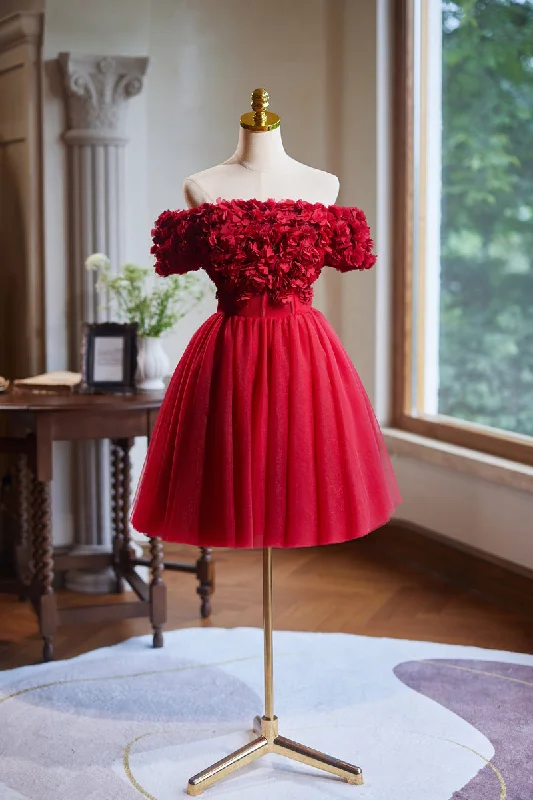 women's bespoke dressesGorgeous Off the Shoulder Flower Bodice Tulle Short Homecoming Dress