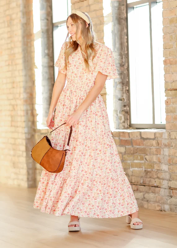 women's formal dressesRose Pink Floral V-neck Maxi Dress