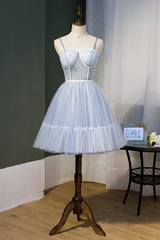 women's everyday dressesA-Line Sky Blue Fairy Dress with Pearls Spaghetti Straps Homecoming Dress