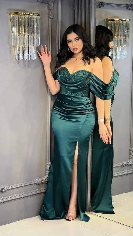 women's made-to-order dressesGreen Off-the-Shoulder Satin Pleated Long Prom Dress with Slit Y5246