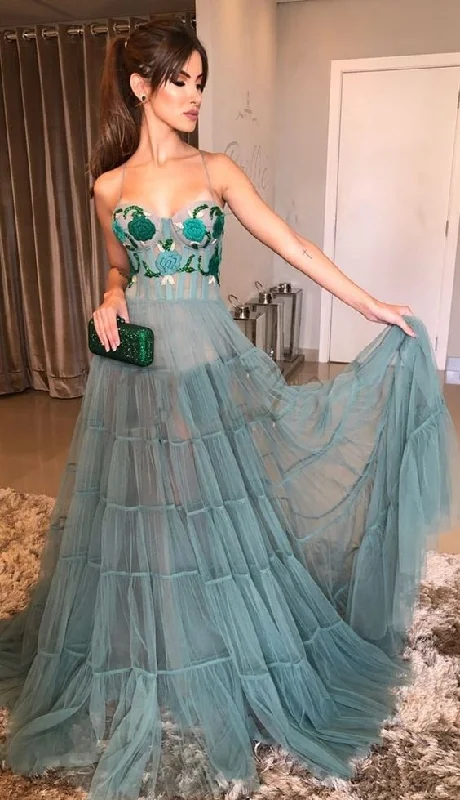 women's flowy dressesFashion A-line Tulle Prom Dresses Long Sexy Prom Dress Y5375