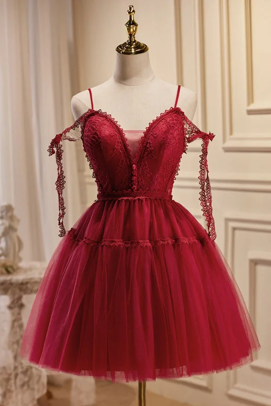 Tall Women DressBurgundy A-line Lace Tulle Homecoming Dress LJ0569