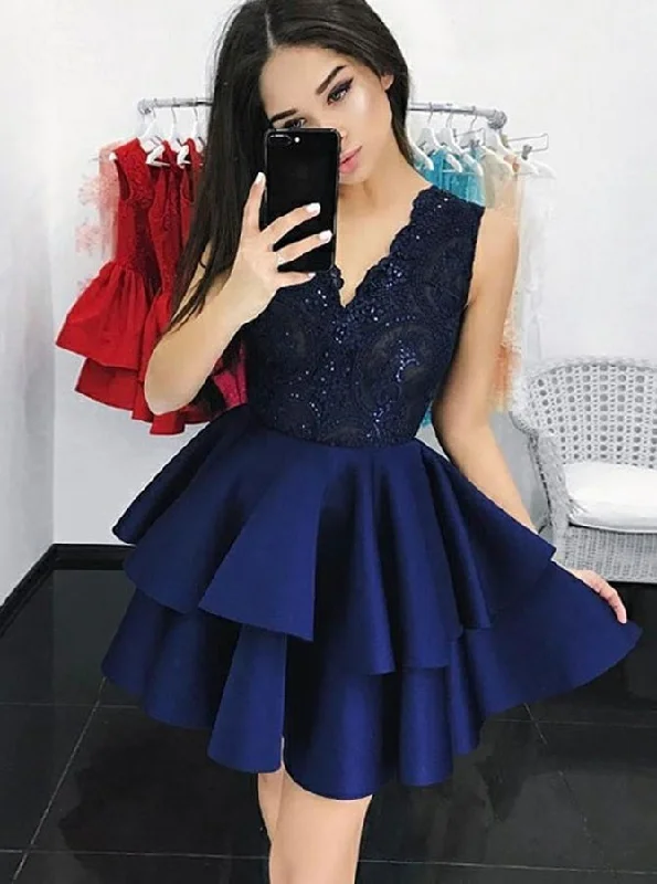 women's lightweight dressesNavy Blue V-neck Sequins Lace Homecoming Dress With Tiered Skirt OM247