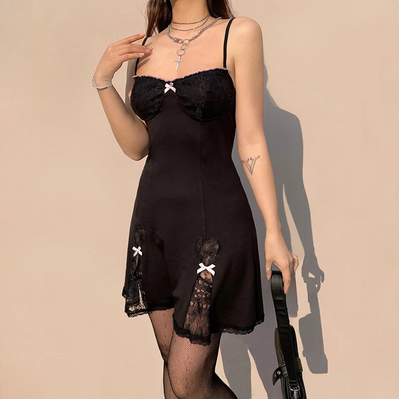 Cheetah Print DressBlack Gothic Lolita Style Lace Trim Sleeveless V Neck Bow Y2K Aesthetic Grunge Mini A-Line Dress