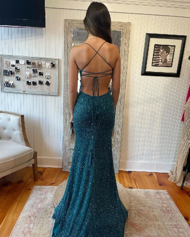 Bell-Sleeve DressGlitter Mermaid Prom Dress With Lace-up Back,Winter Dance Dress Y5225